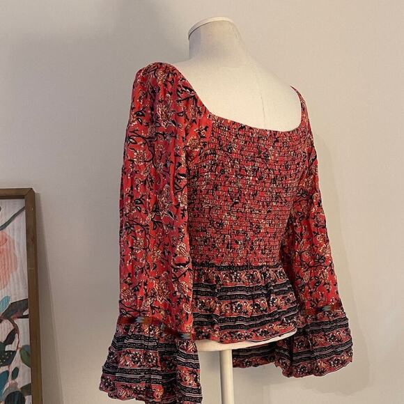Angie Women’s Boho Floral Smocked Peasant Top Poet Blouse Flared Sleeve | Size M - Picture 5 of 7